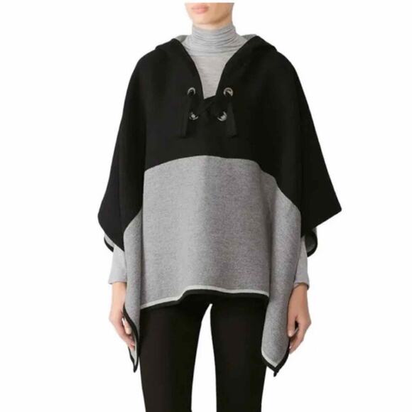 BA&SH Cape Colorblock Poncho Black Grey Lace Up WoolBlend One Size Hooded